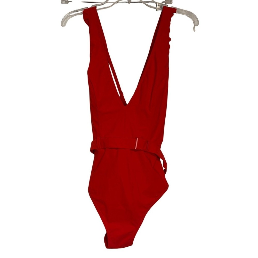 Skinny Dippers Red Ruffled Deep V-Neck One-Piece Swimsuit L Nylon Blend Adjustab